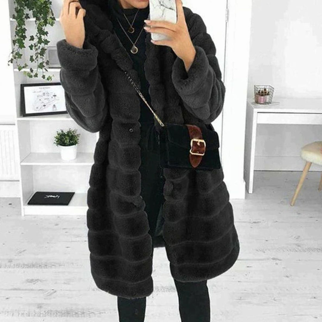 Women's Hooded Plush Faux Fur Coat Long Sleeve Button-Down - Black