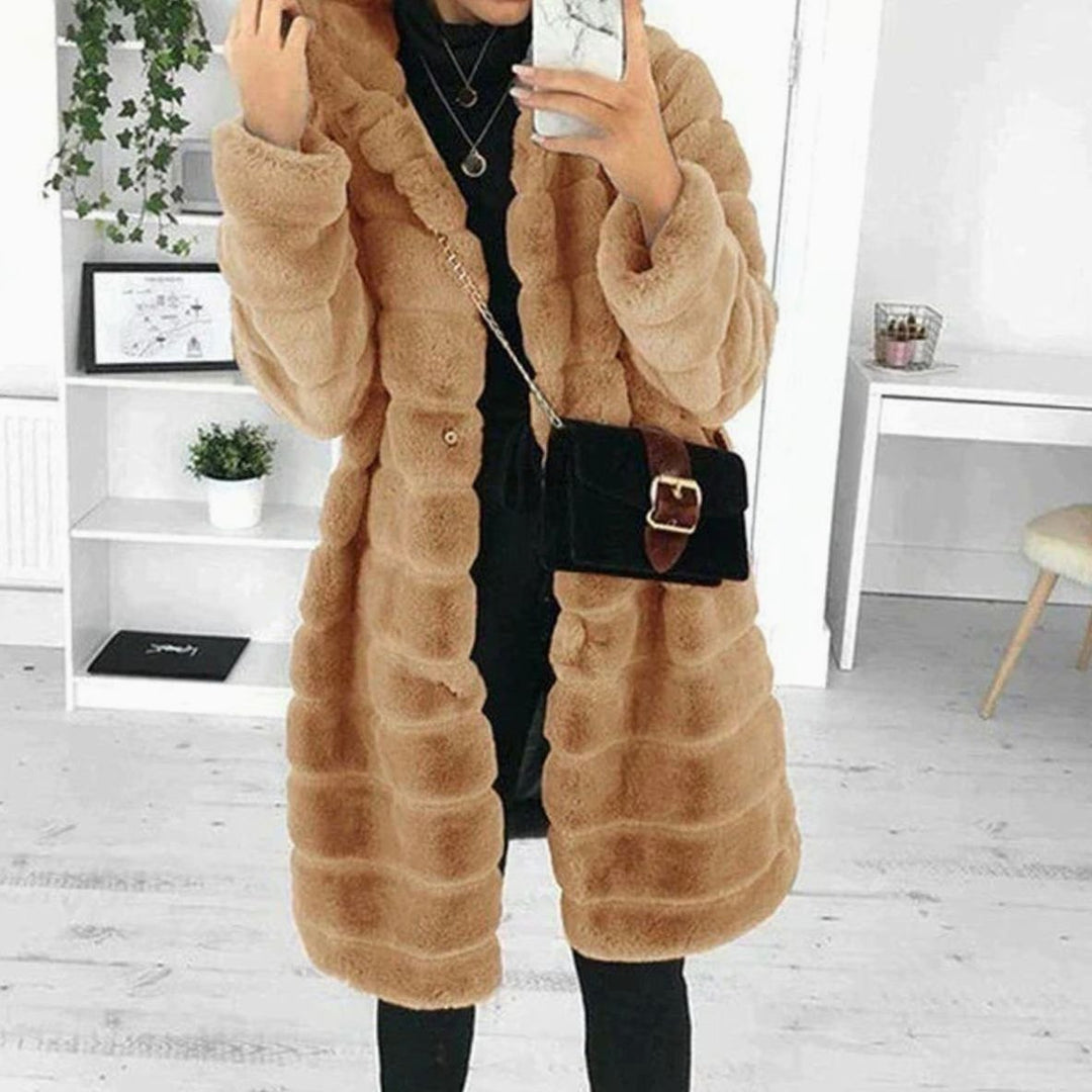Women's Hooded Plush Faux Fur Coat Long Sleeve Button-Down - Brown