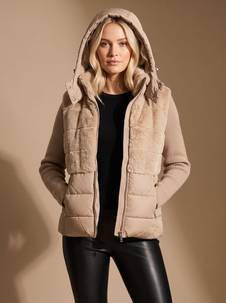 Women's Hooded Quilted Puffer Jacket Faux Fur Trim