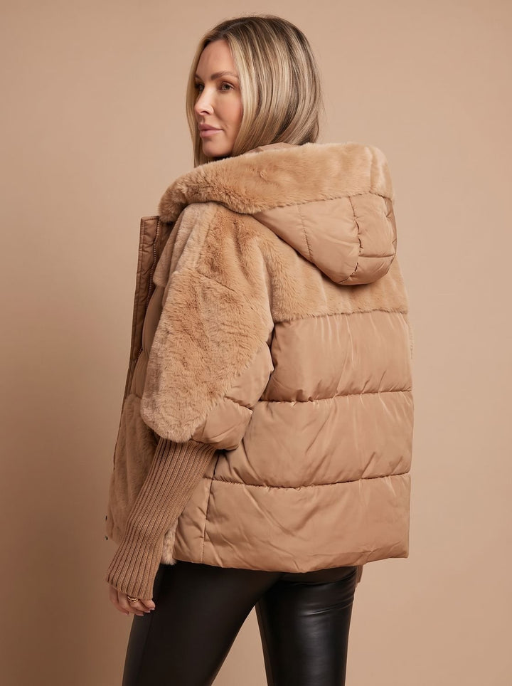 Women's Hooded Quilted Puffer Jacket Faux Fur Trim