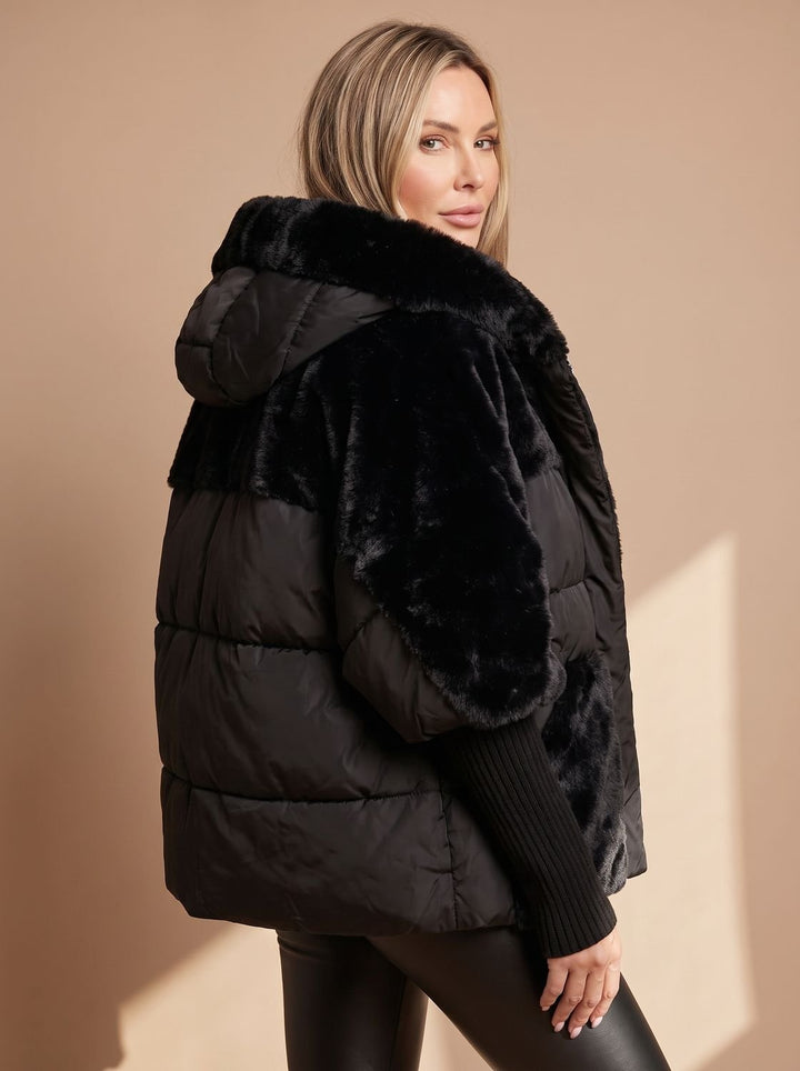 Women's Hooded Quilted Puffer Jacket Faux Fur Trim