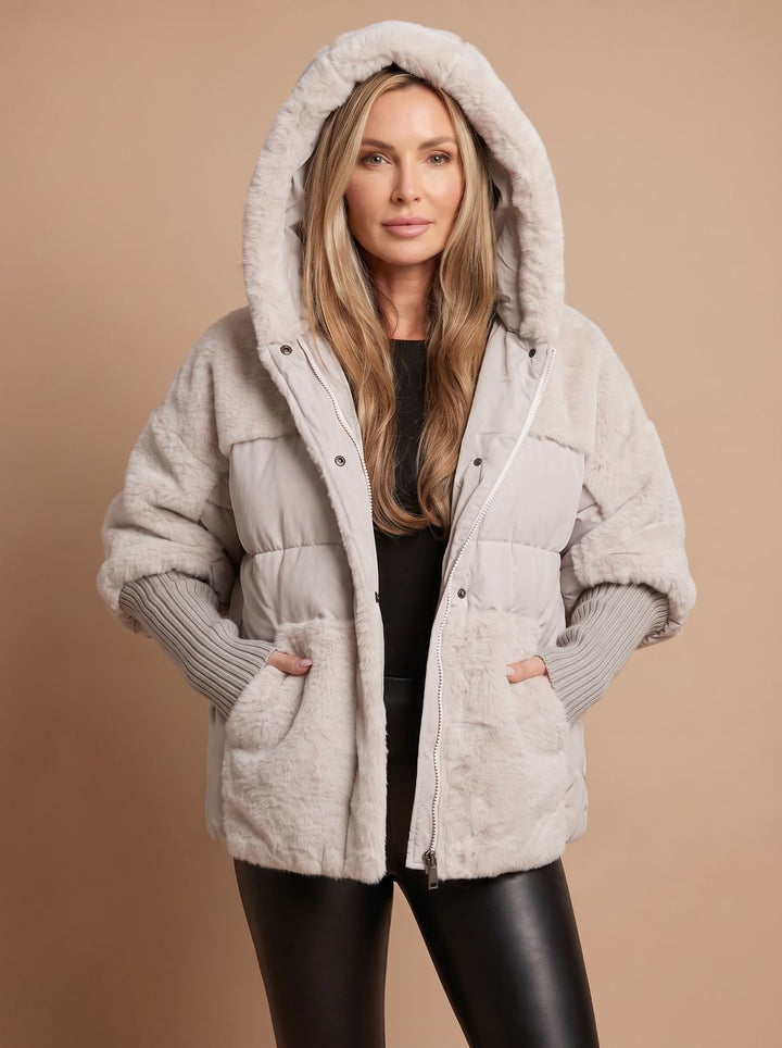 Women's Hooded Quilted Puffer Jacket Faux Fur Trim - Gray