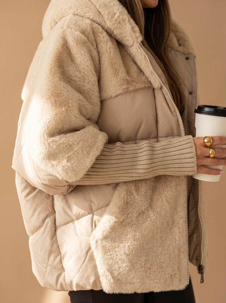 Women's Hooded Quilted Puffer Jacket Faux Fur Trim - Beige
