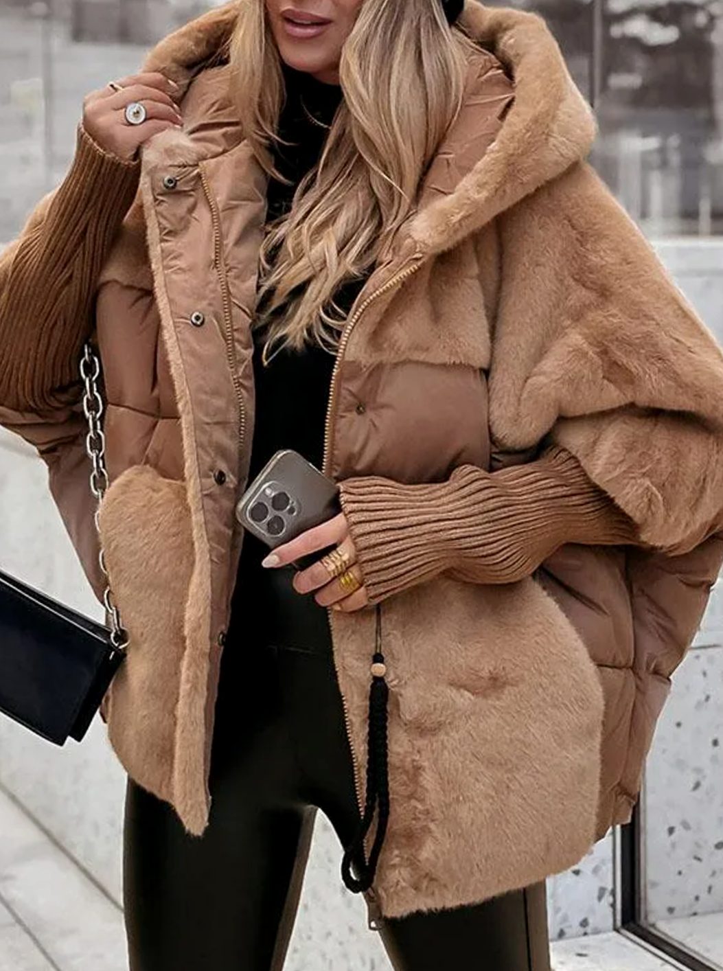 Women's Hooded Quilted Puffer Jacket Faux Fur Trim - Brown