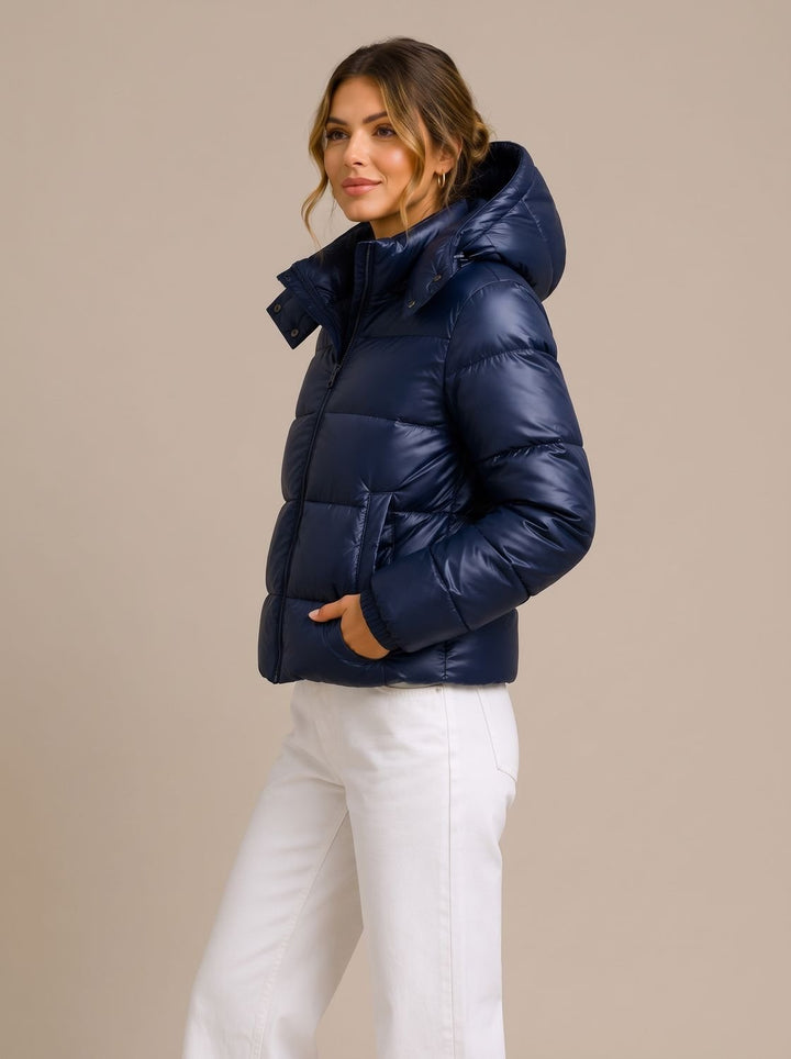 Women's Hooded Quilted Puffer Jacket Glossy Zip-Up Winter Coat - Navy