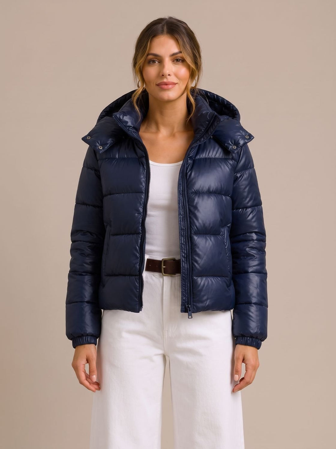 Women's Hooded Quilted Puffer Jacket Glossy Zip-Up Winter Coat
