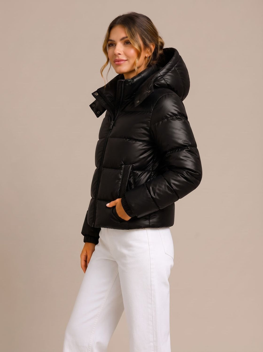 Women's Hooded Quilted Puffer Jacket Glossy Zip-Up Winter Coat - Black