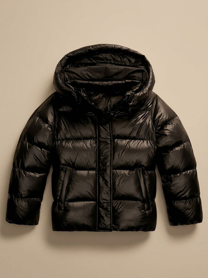 Women's Hooded Quilted Puffer Jacket Glossy Zip-Up Winter Coat