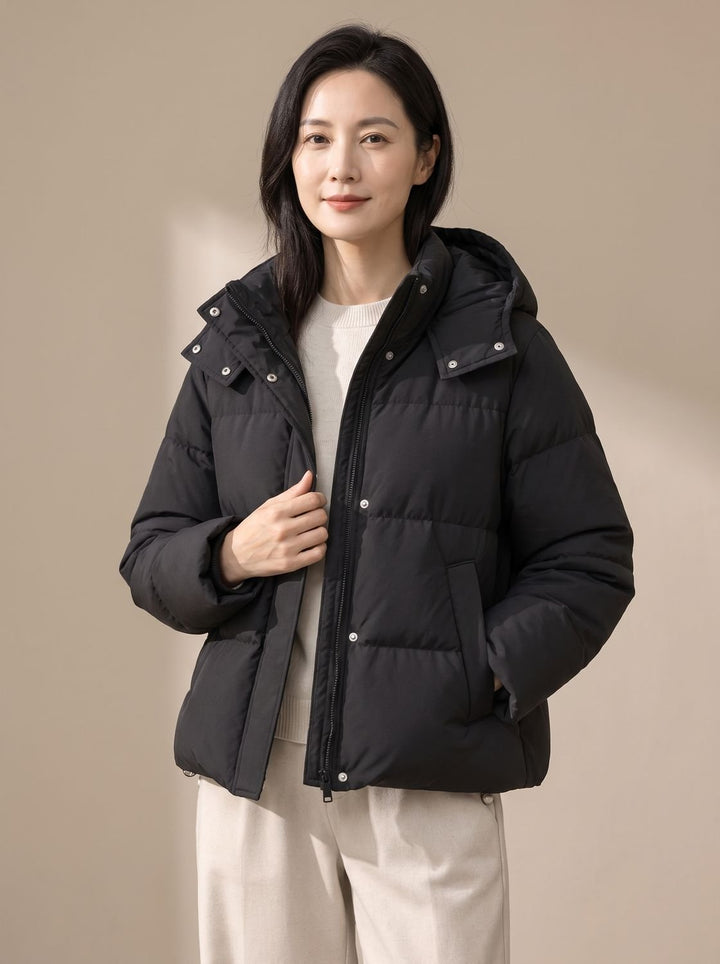 Women's Hooded Quilted Puffer Jacket Loose Waist-Length - Classic Black