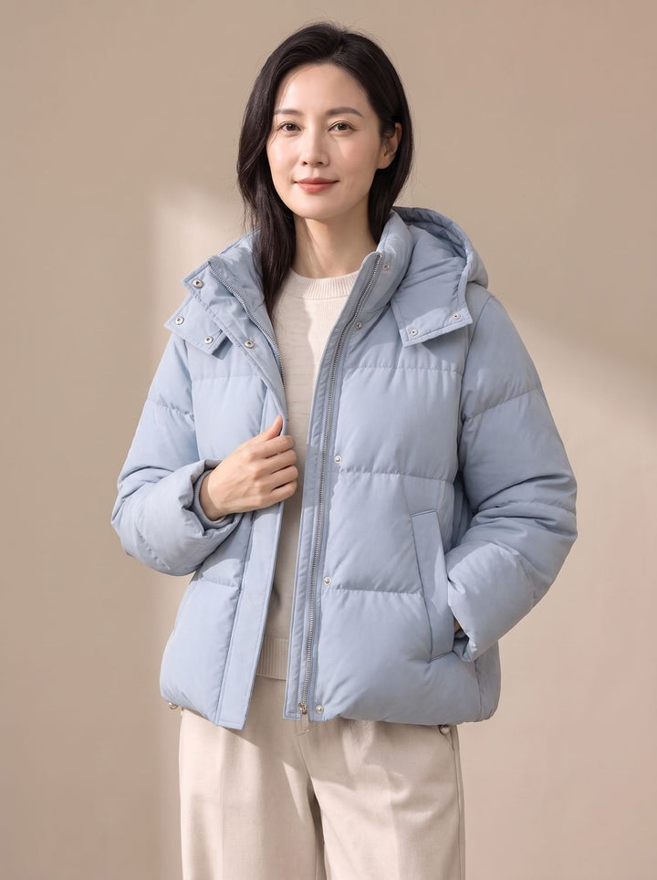 Women's Hooded Quilted Puffer Jacket Loose Waist-Length - Sky Blue