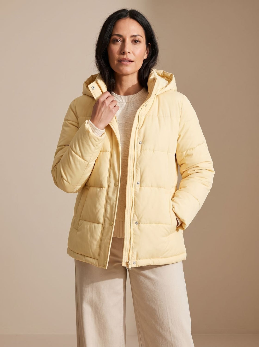 Women's Hooded Quilted Puffer Jacket Loose Waist-Length - Creamy Yellow