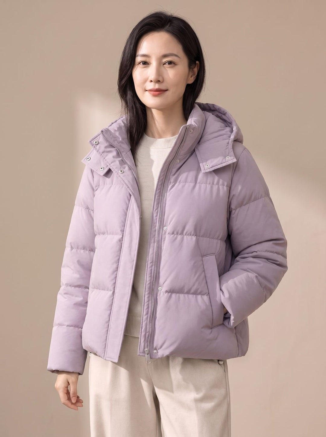 Women's Hooded Quilted Puffer Jacket Loose Waist-Length - Morning Mist Purple
