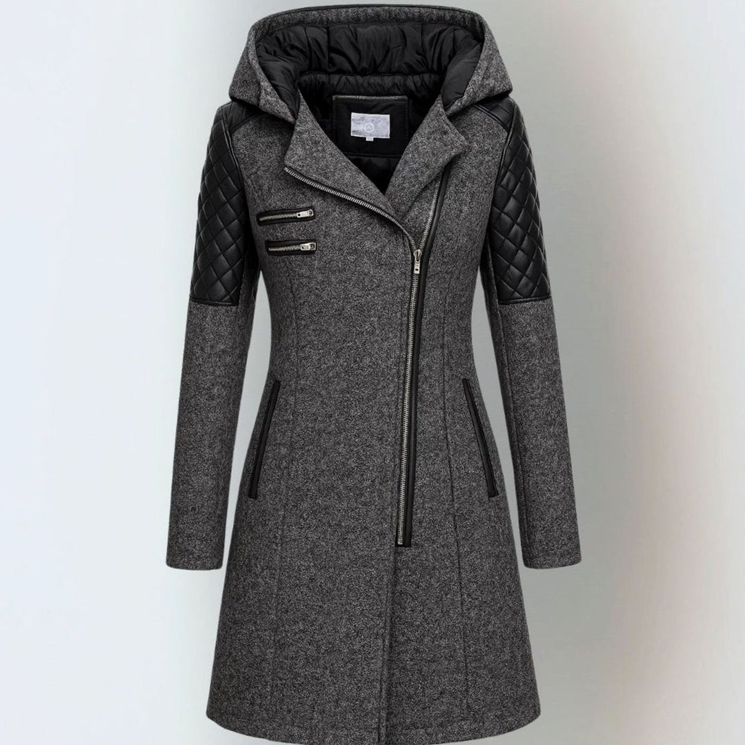 Women's Hooded Quilted-Sleeve Asymmetric-Zip Winter Coat - Dark Gray
