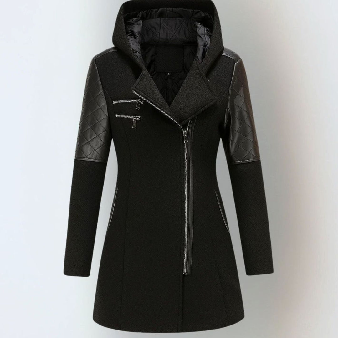 Women's Hooded Quilted-Sleeve Asymmetric-Zip Winter Coat - Black