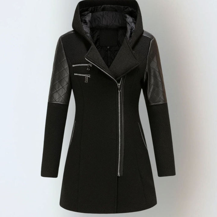Women's Hooded Quilted-Sleeve Asymmetric-Zip Winter Coat - Black