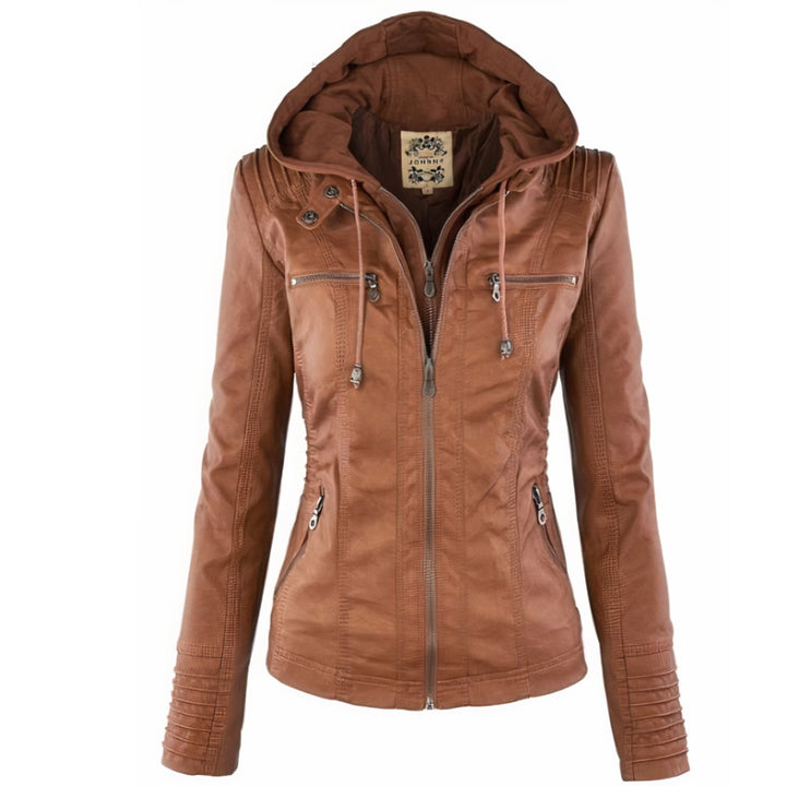 Women's Hooded Removable-Hood Faux Leather Jacket - Brown