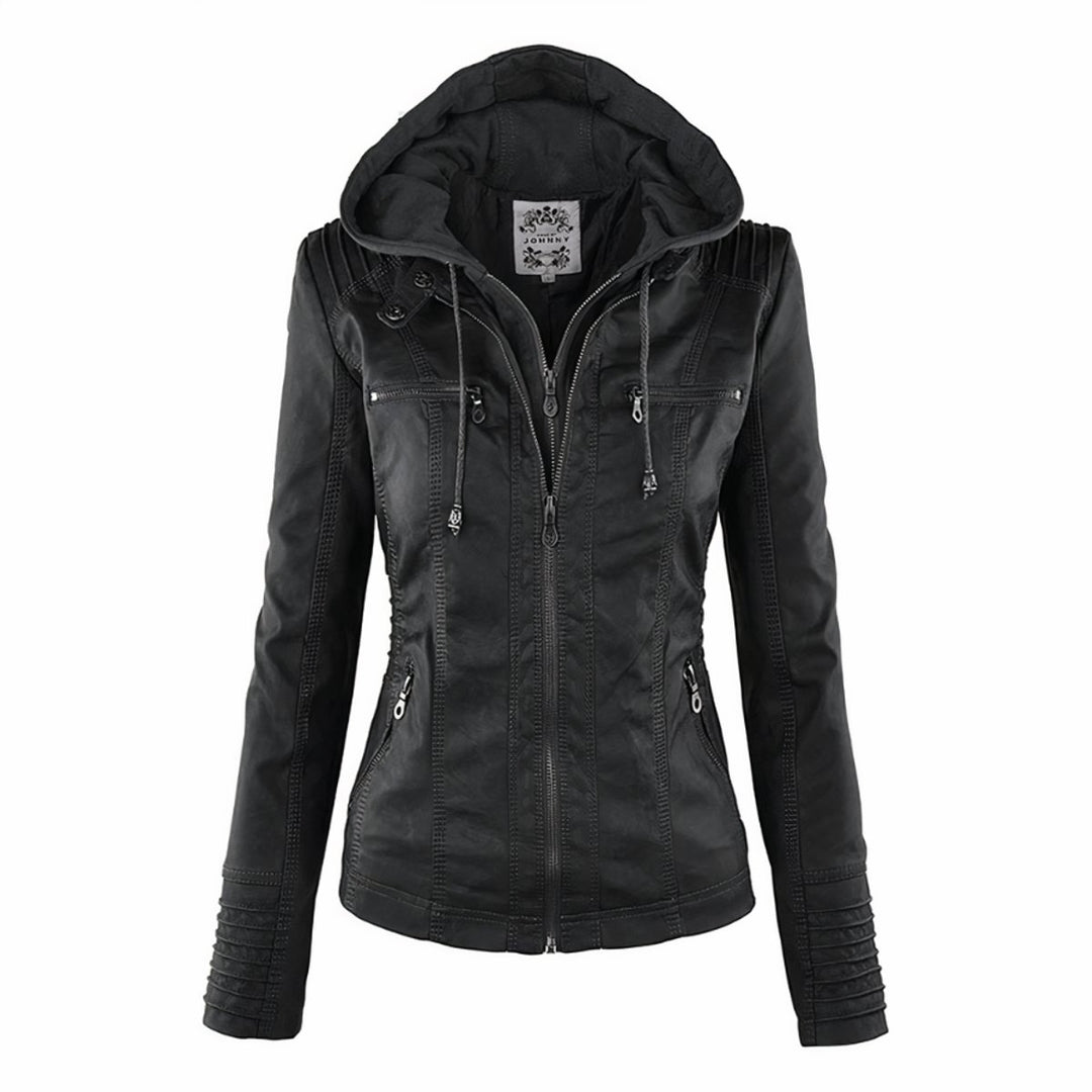Women's Hooded Removable-Hood Faux Leather Jacket - Black