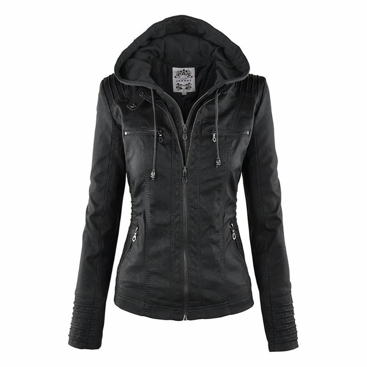 Women's Hooded Removable-Hood Faux Leather Jacket - Black