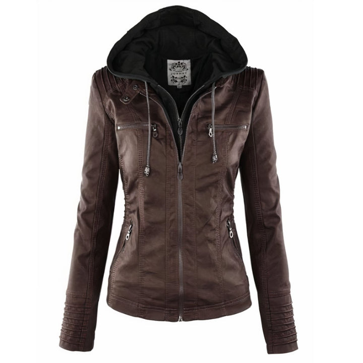 Women's Hooded Removable-Hood Faux Leather Jacket - Dark Brown