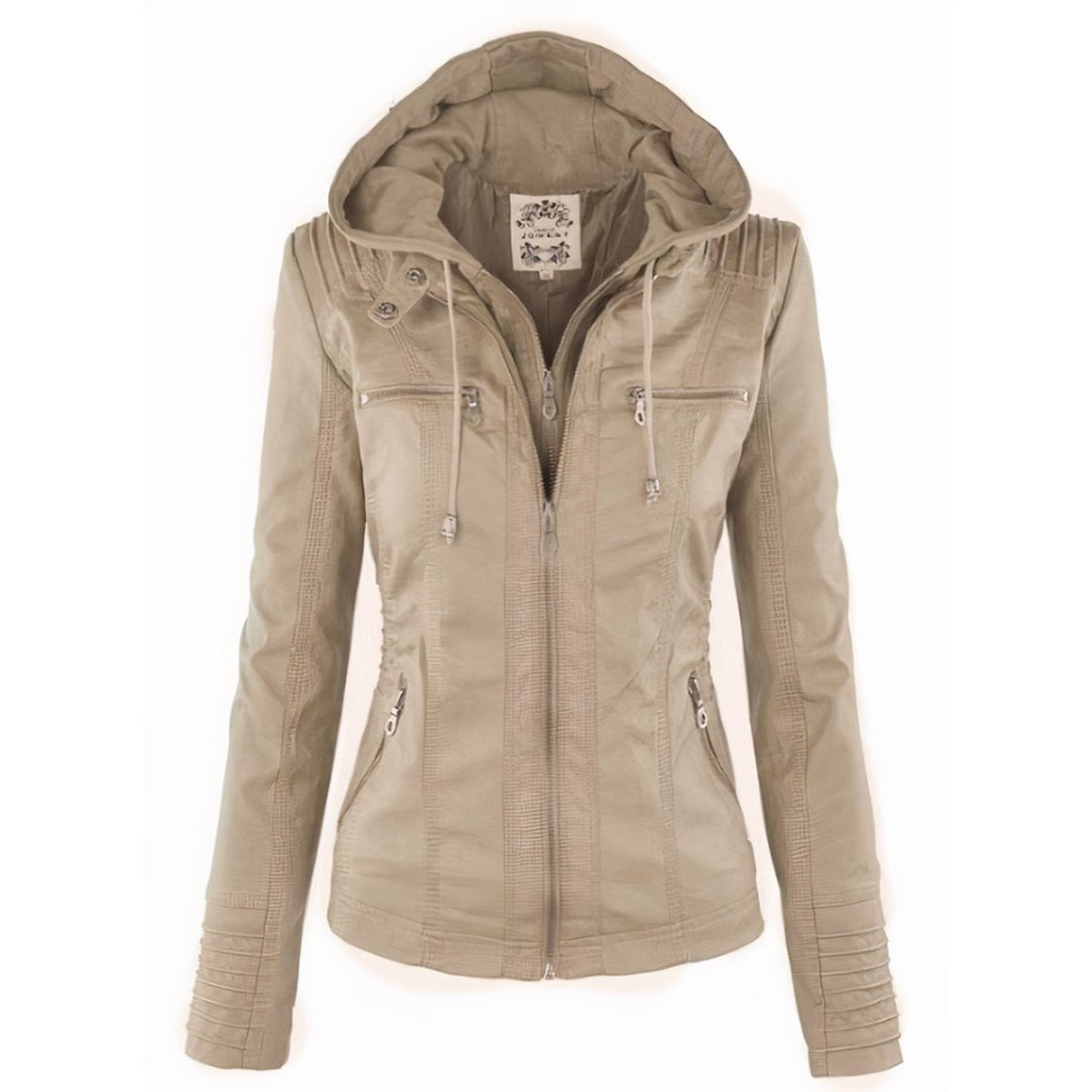 Women's Hooded Removable-Hood Faux Leather Jacket - Beige