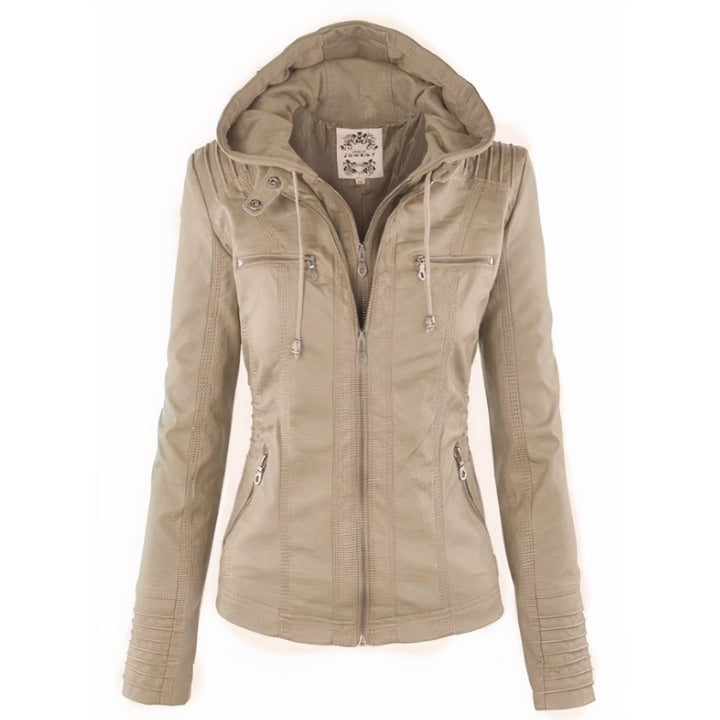 Women's Hooded Removable-Hood Faux Leather Jacket - Beige