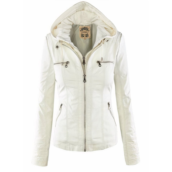 Women's Hooded Removable-Hood Faux Leather Jacket - White