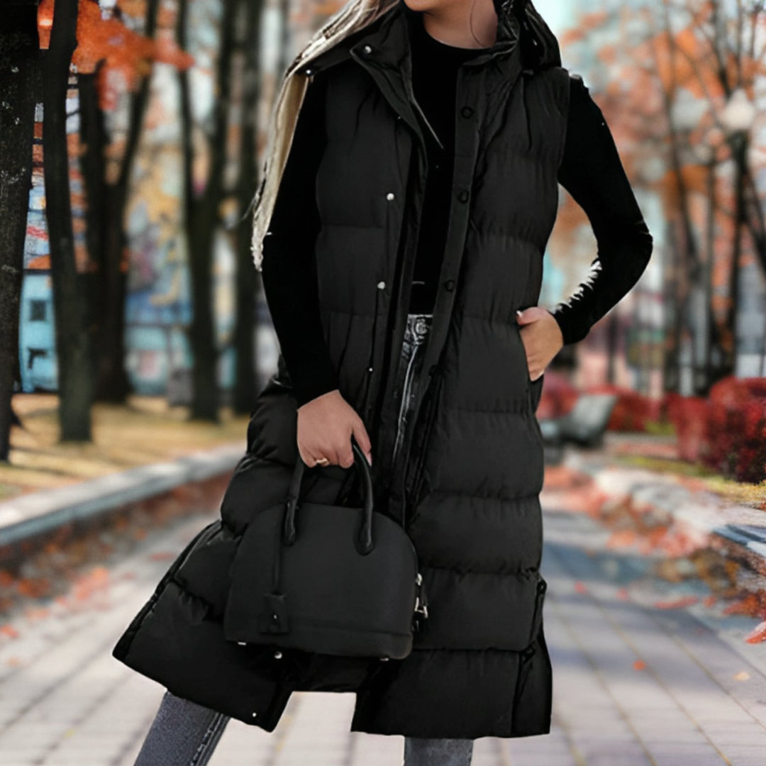 Women's Hooded Sleeveless Puffer Long Coat - Black