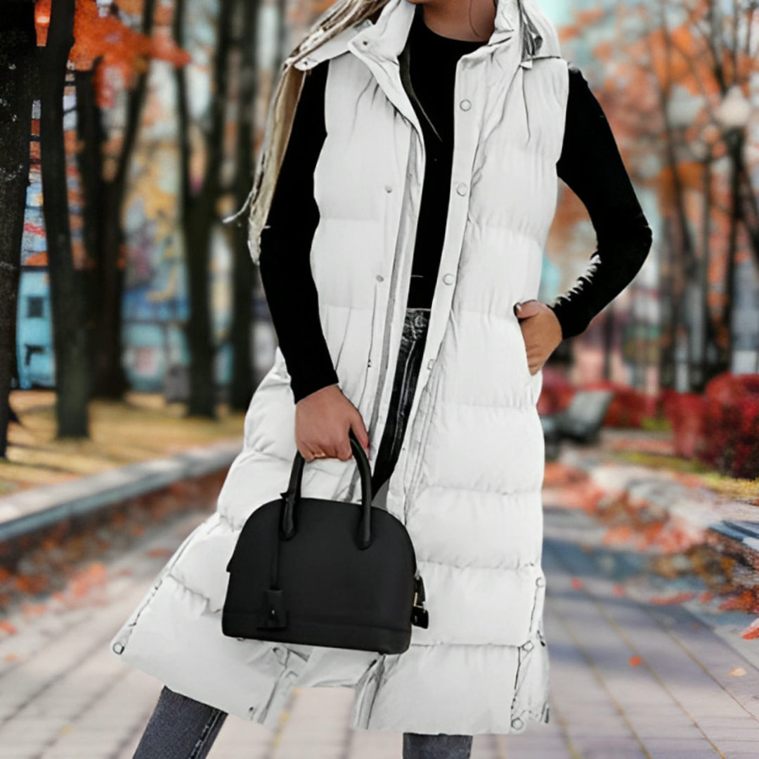Women's Hooded Sleeveless Puffer Long Coat - White
