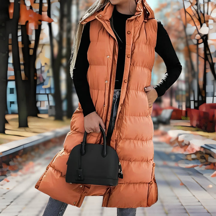 Women's Hooded Sleeveless Puffer Long Coat - Orange