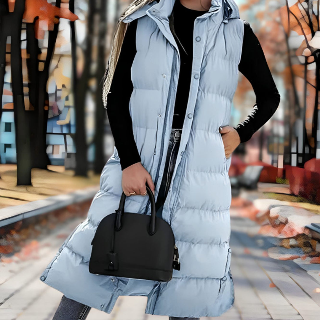 Women's Hooded Sleeveless Puffer Long Coat - Light Blue