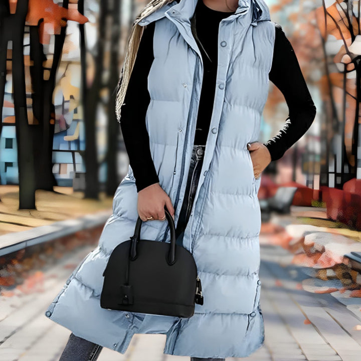 Women's Hooded Sleeveless Puffer Long Coat - Light Blue
