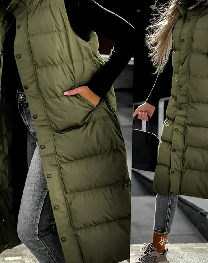 Women's Hooded Sleeveless Puffer Long Coat - Army Green
