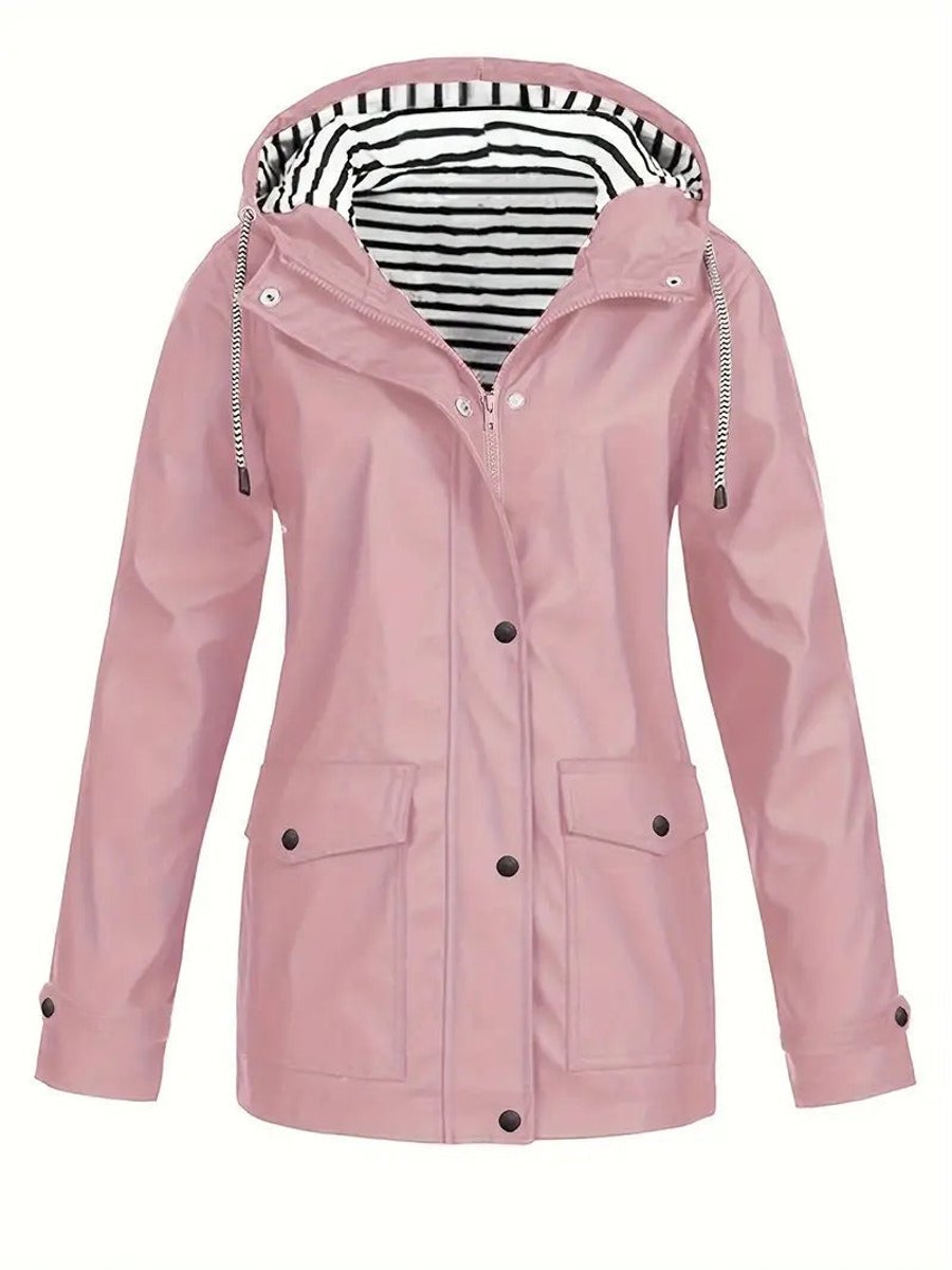 Women's Hooded Striped-Lined Zip-Up Raincoat Coat - Pink