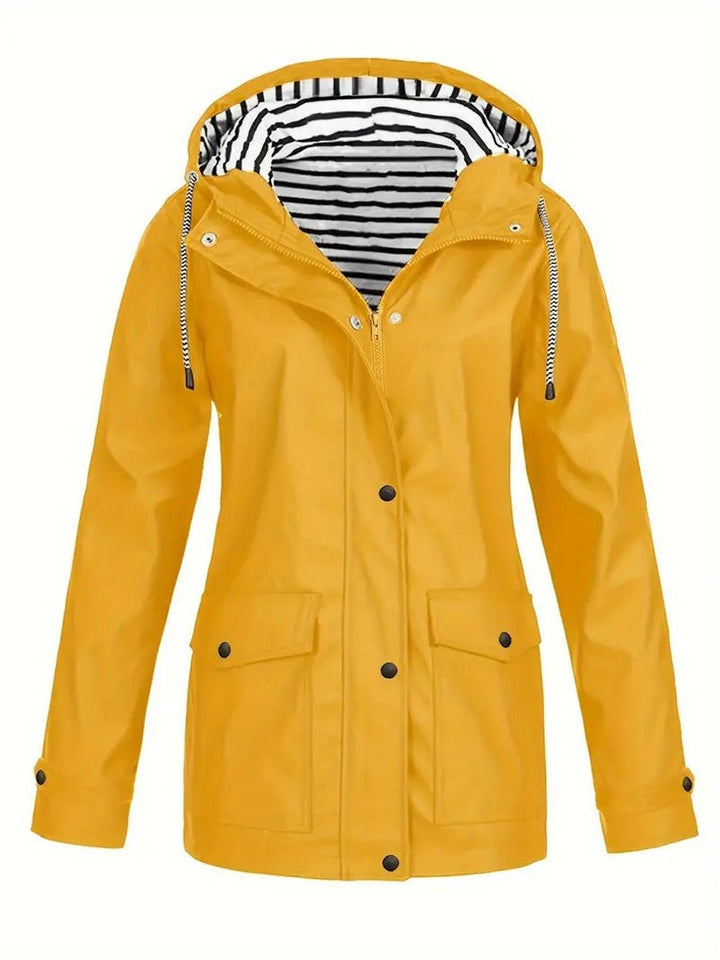 Women's Hooded Striped-Lined Zip-Up Raincoat Coat - Yellow