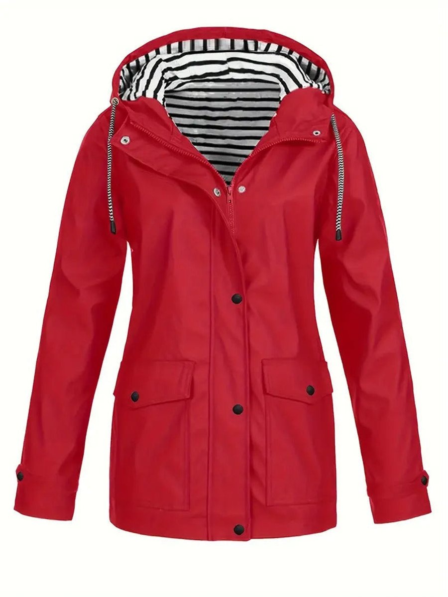 Women's Hooded Striped-Lined Zip-Up Raincoat Coat - Red