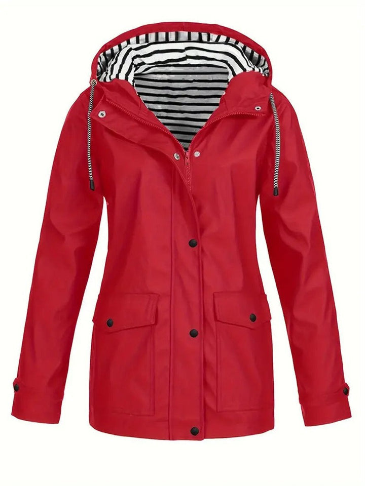 Women's Hooded Striped-Lined Zip-Up Raincoat Coat - Red