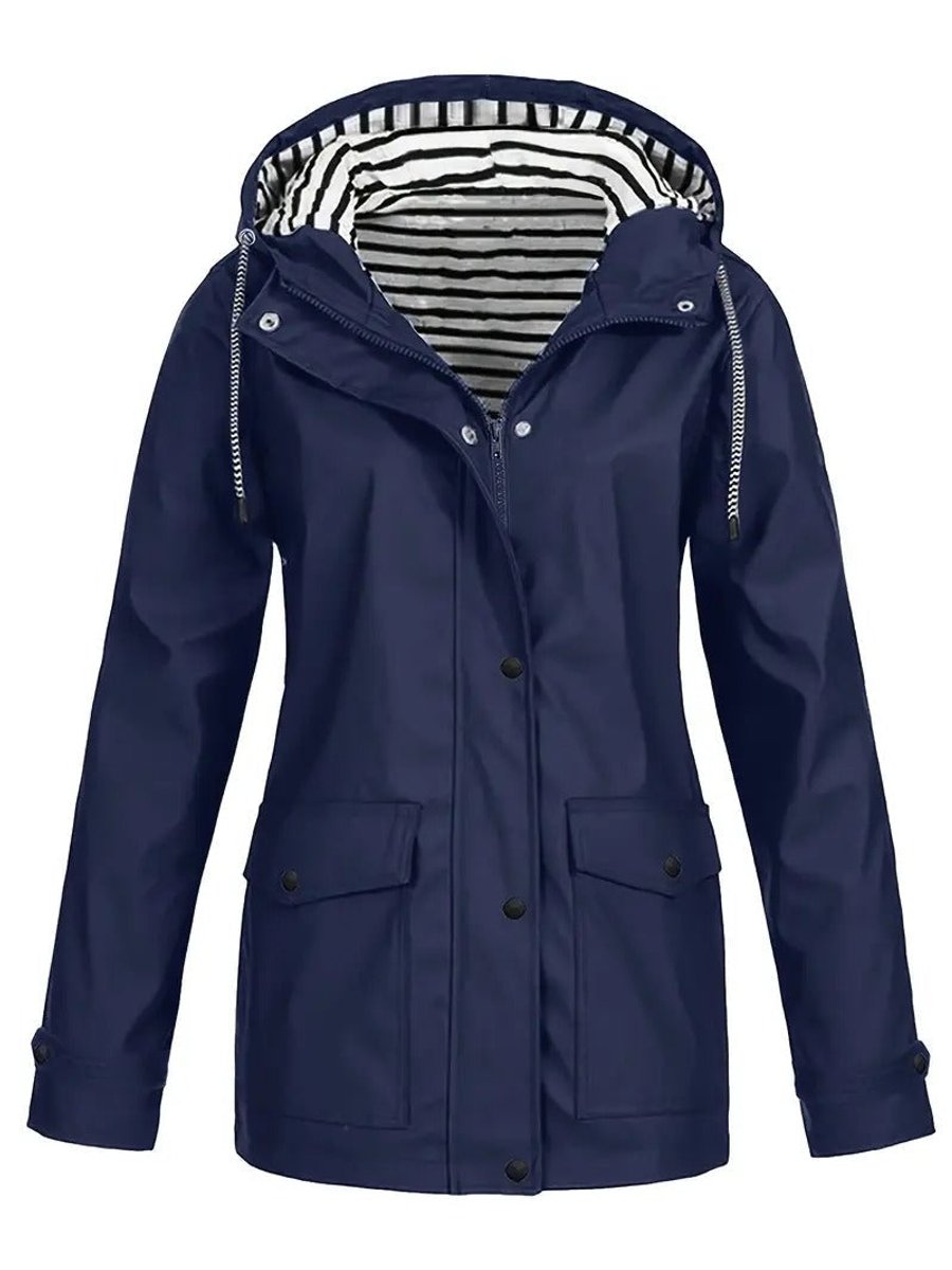 Women's Hooded Striped-Lined Zip-Up Raincoat Coat - Navy Blue