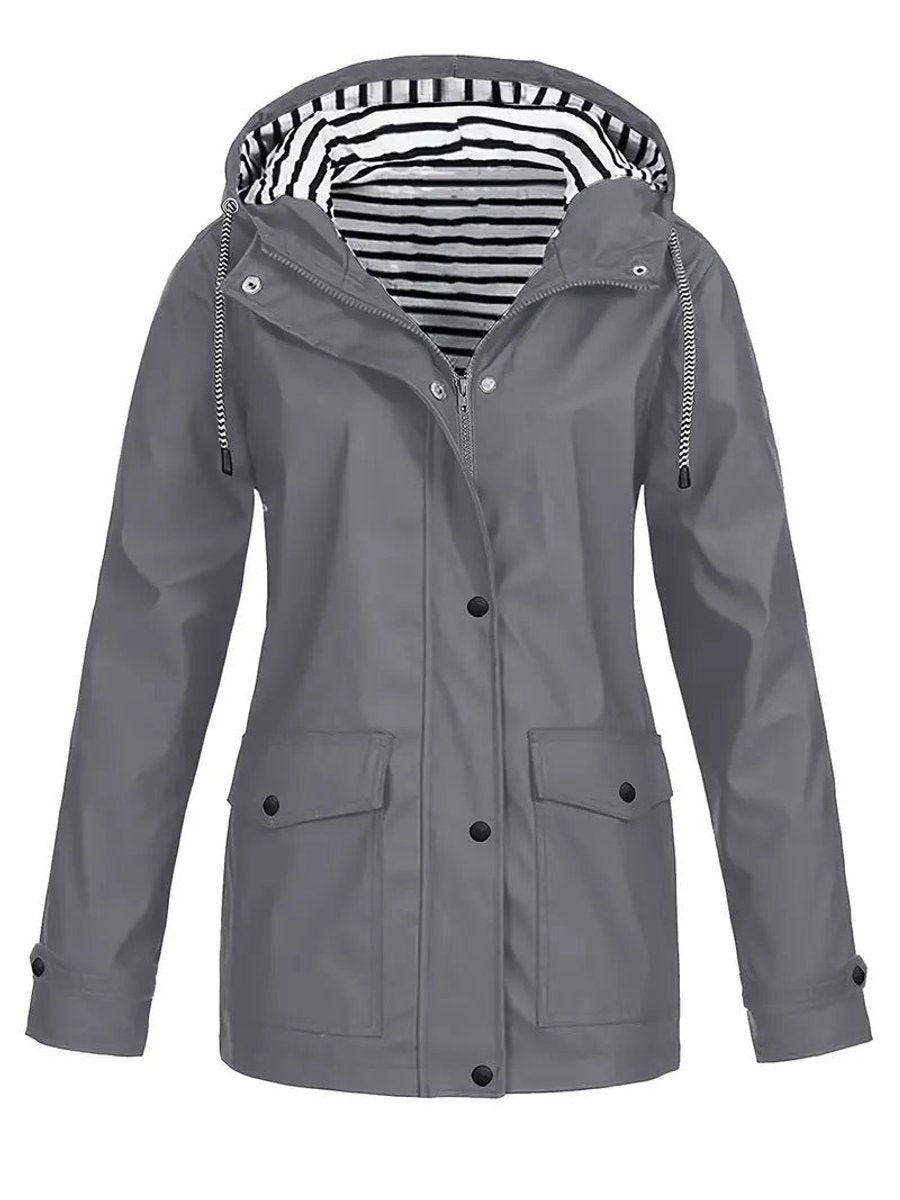 Women's Hooded Striped-Lined Zip-Up Raincoat Coat - Gray