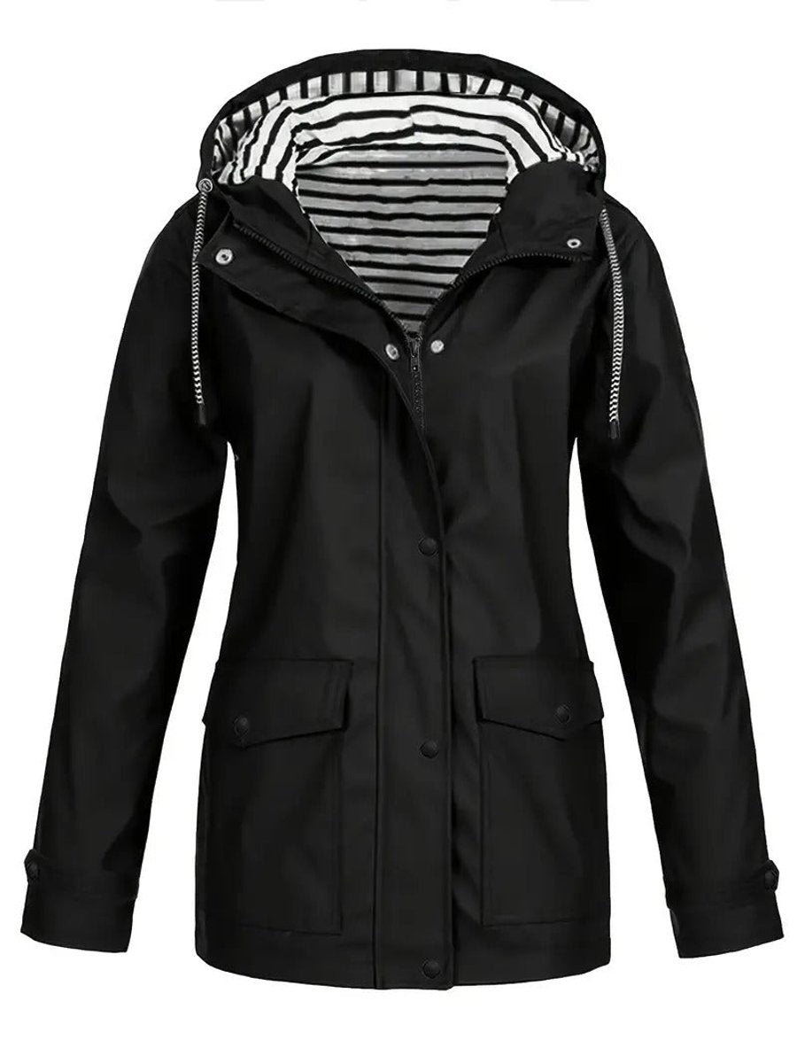 Women's Hooded Striped-Lined Zip-Up Raincoat Coat - Black