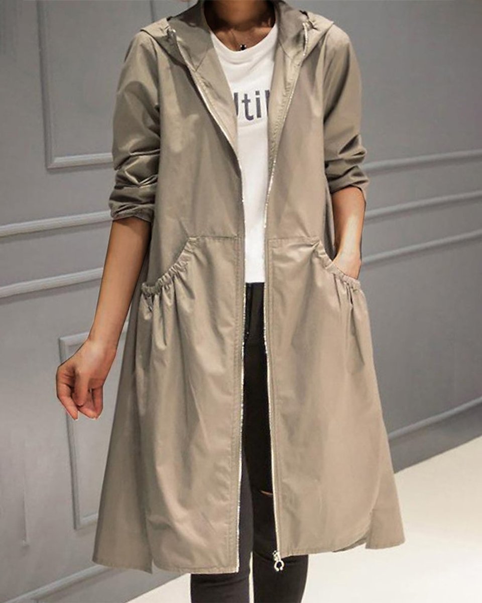 Women's Hooded Waterproof Long Trench Coat Zip-Up Relaxed Fit - Khaki