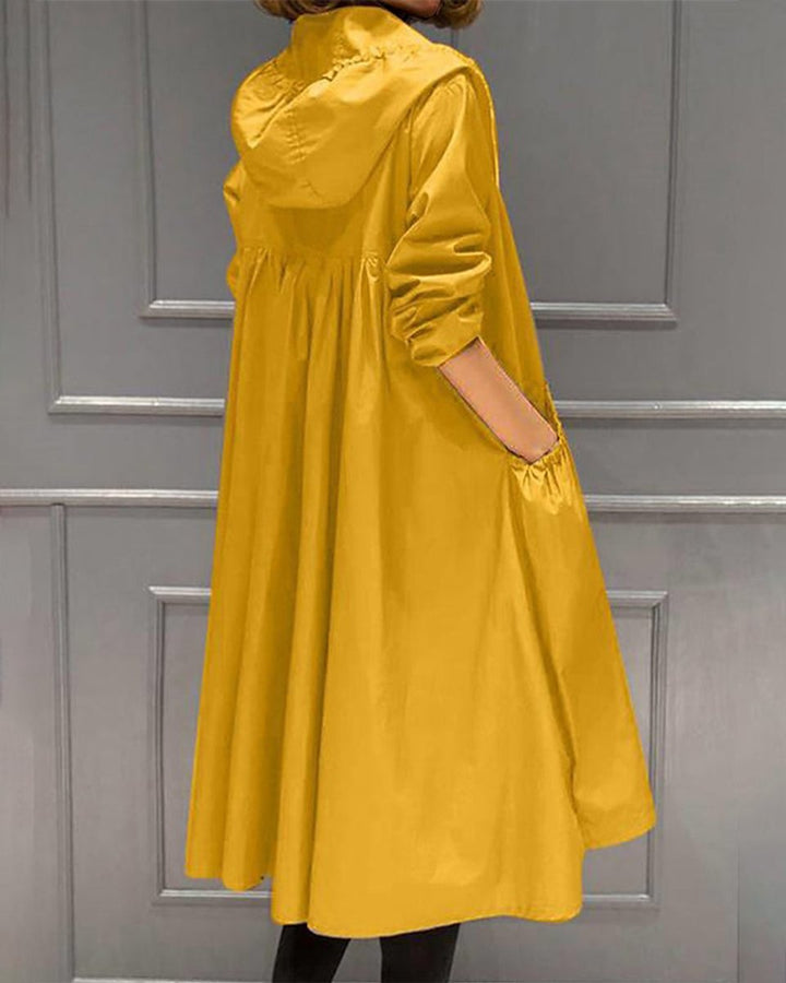 Women's Hooded Waterproof Long Trench Coat Zip-Up Relaxed Fit - Yellow
