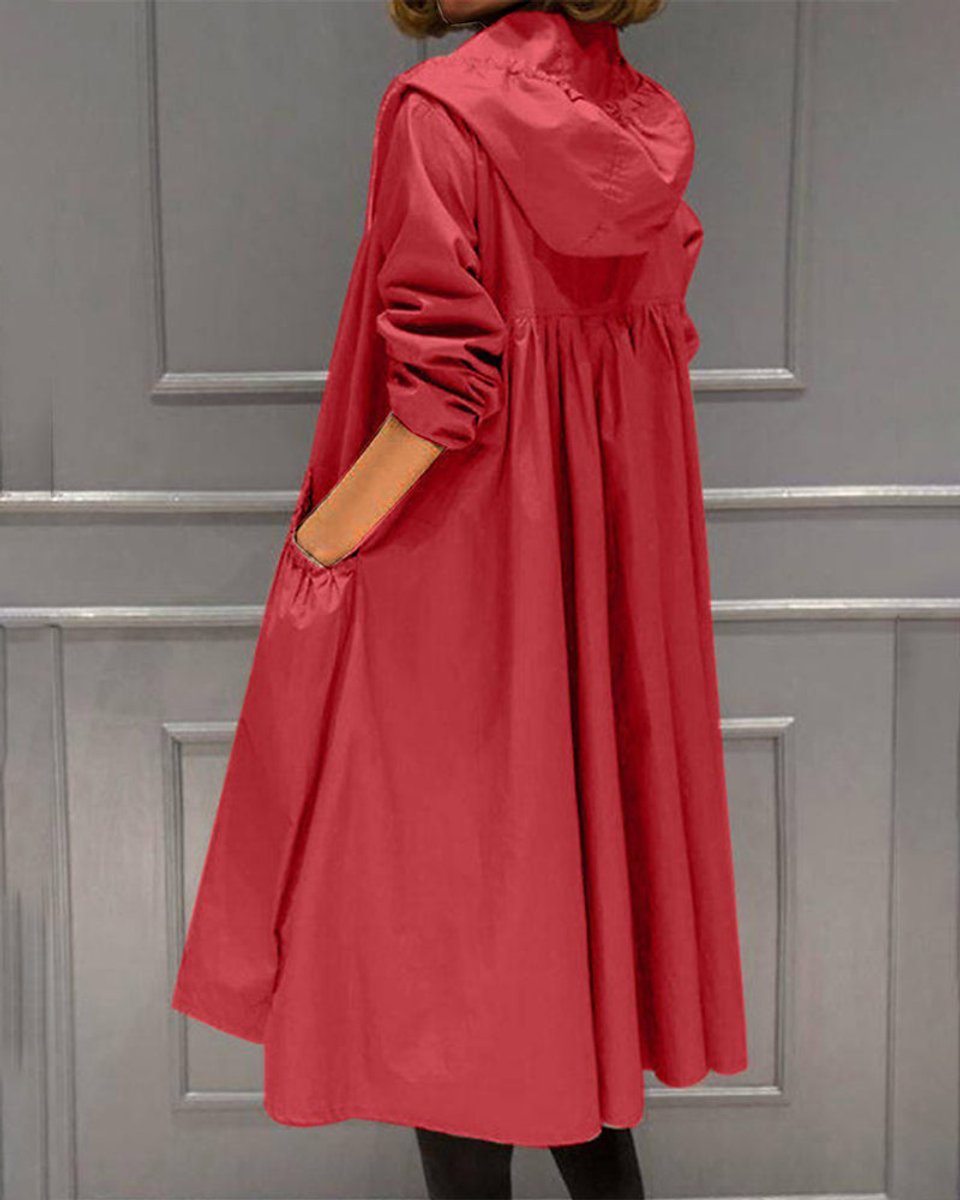 Women's Hooded Waterproof Long Trench Coat Zip-Up Relaxed Fit - Red