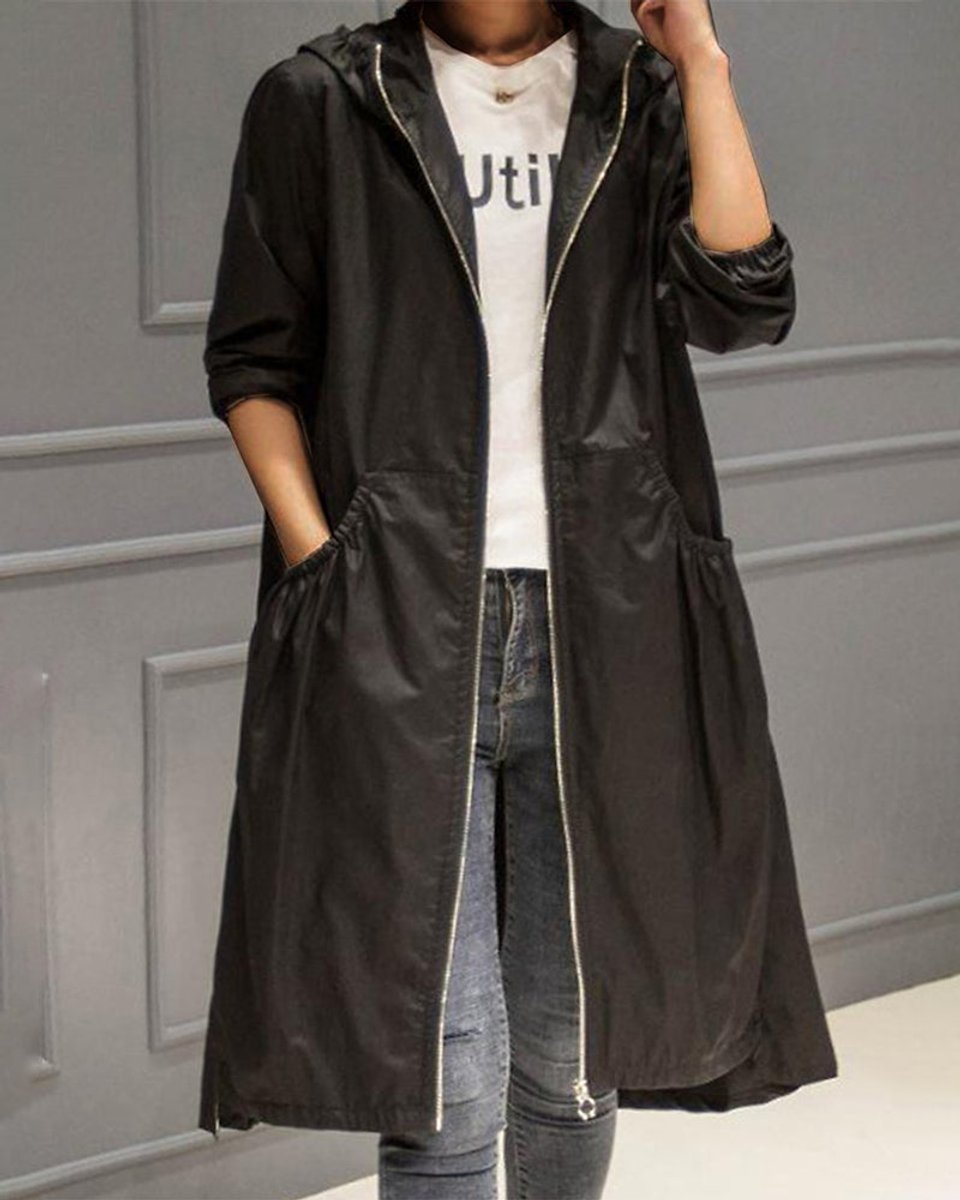 Women's Hooded Waterproof Long Trench Coat Zip-Up Relaxed Fit - Black