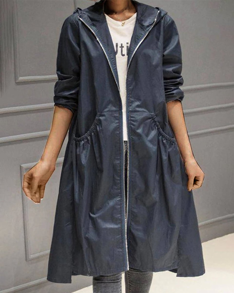 Women's Hooded Waterproof Long Trench Coat Zip-Up Relaxed Fit - Navy Blue