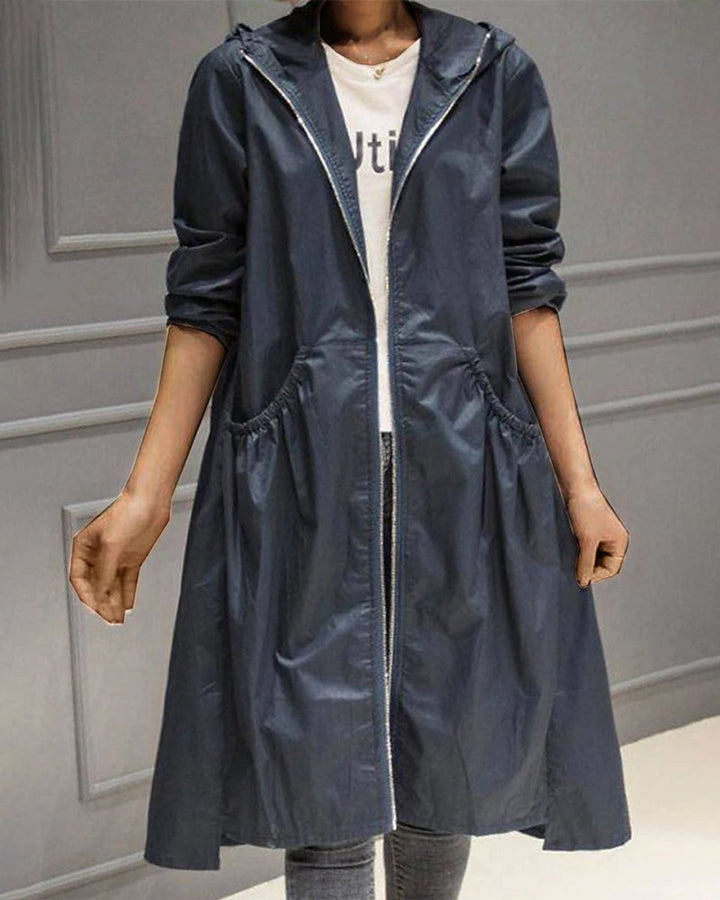 Women's Hooded Waterproof Long Trench Coat Zip-Up Relaxed Fit - Navy Blue