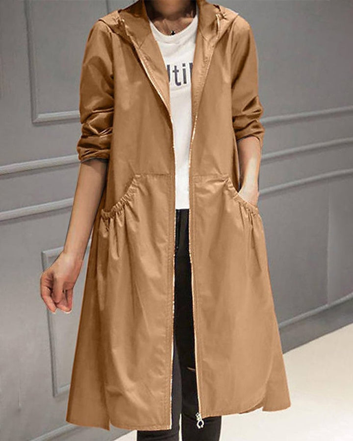 Women's Hooded Waterproof Long Trench Coat Zip-Up Relaxed Fit - Brown