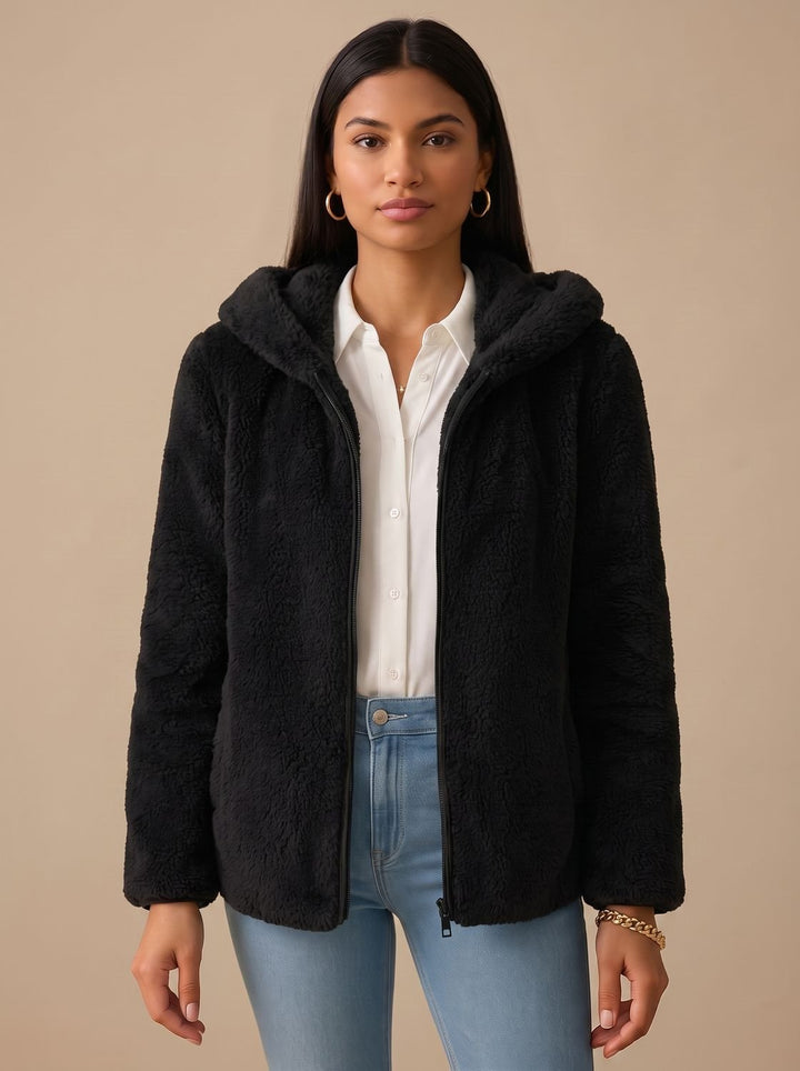 Women's Hooded Zip-Up Teddy Fleece Jacket - Black