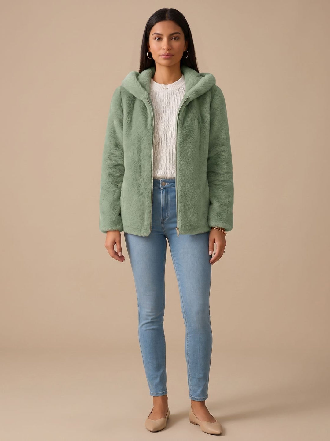 Women's Hooded Zip-Up Teddy Fleece Jacket - Green