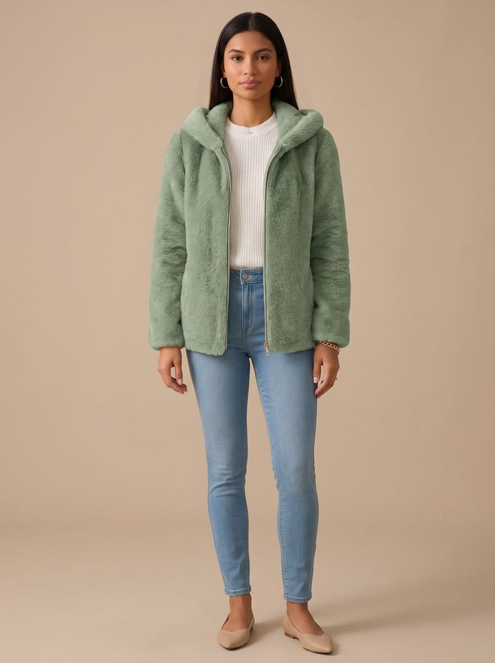 Women's Hooded Zip-Up Teddy Fleece Jacket - Green