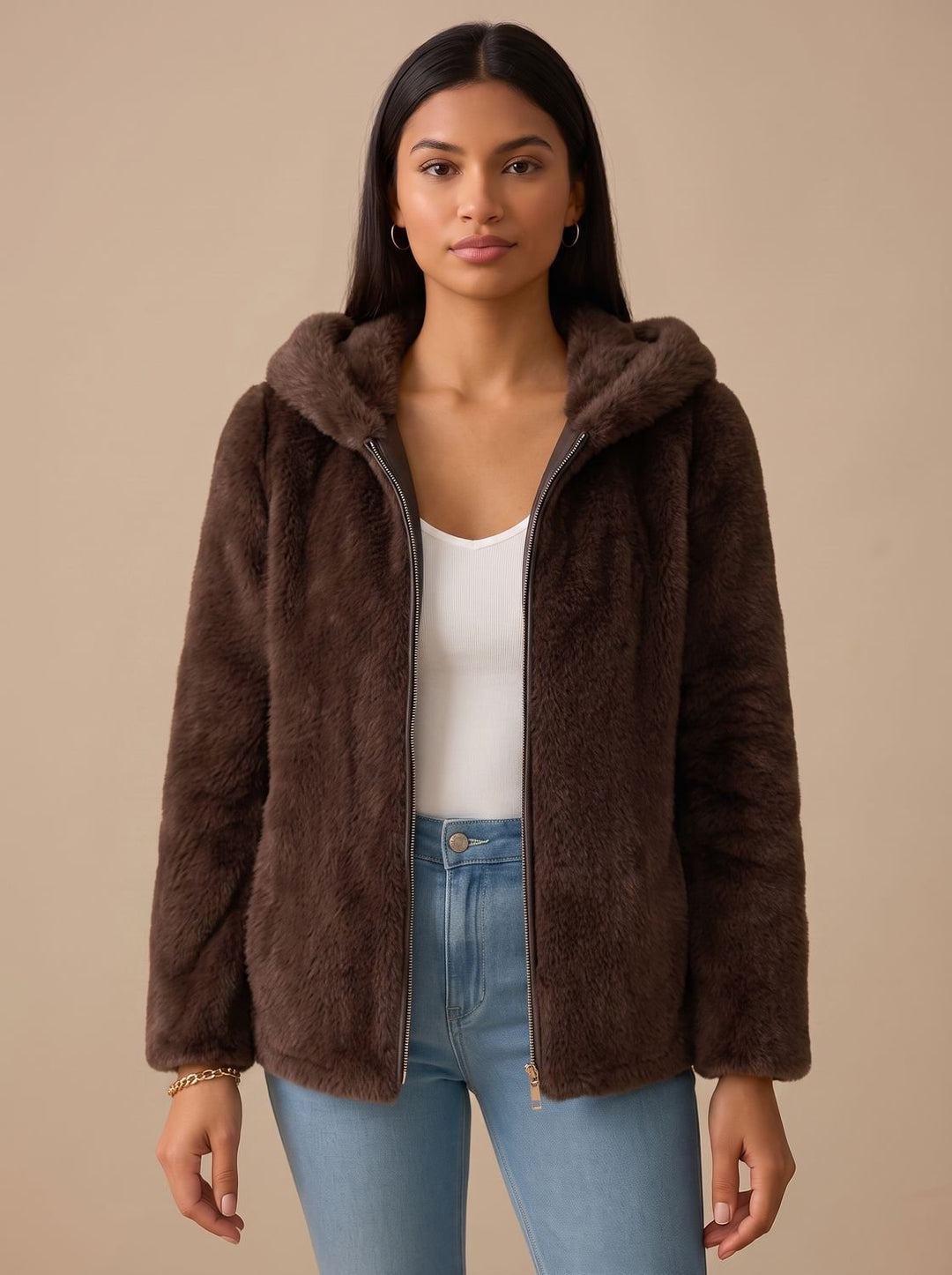 Women's Hooded Zip-Up Teddy Fleece Jacket - Brown